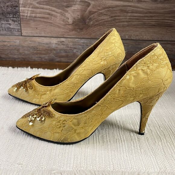 Classified Ladies Lace High Heels, Sequin and Bead Design, Size 7, Gold, Vintage - Picture 3 of 10